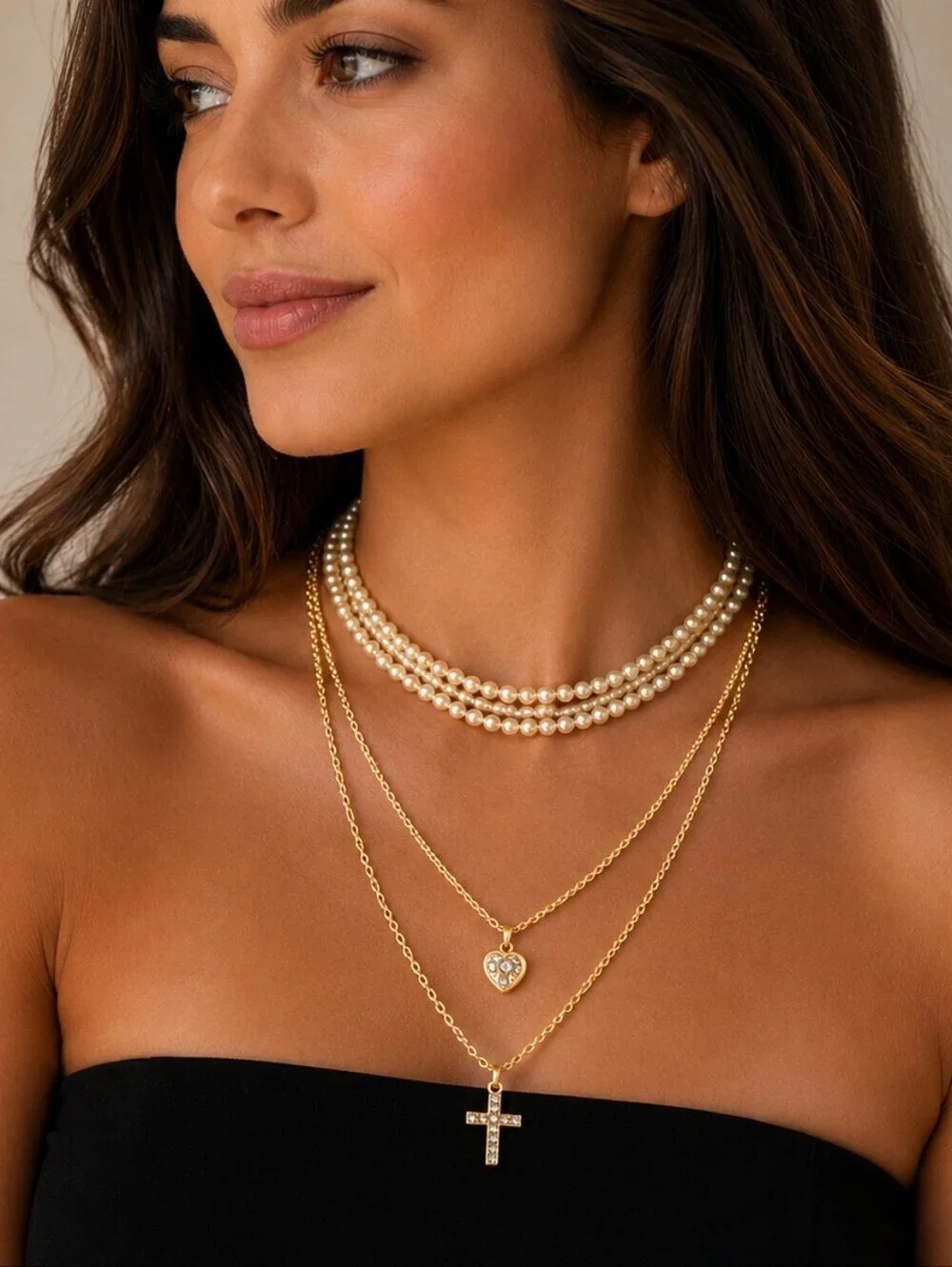 Y2k Glass Pearl Layered Chain Cross Heart Pendant Flapper Necklace